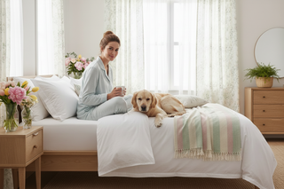 add a lady sitting on the bed with their dog. the lady is drinking a coffee