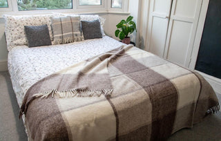 Block Check Pure New Wool Throw - Brown/Beige/Cream - LOOMSHIRE - 2