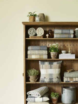 Block Windowpane Lambswool Throw - Beige/Grey - LOOMSHIRE - 2