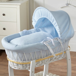 Blue Waffle White Wicker Baby Moses Basket With Stand - LOOMSHIRE - 8