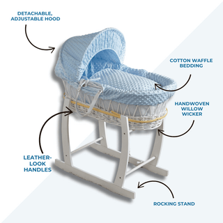 Blue Waffle White Wicker Baby Moses Basket With Stand - LOOMSHIRE - 4