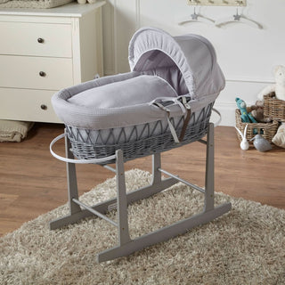 Grey Waffle Grey Wicker Baby Moses Basket With Stand - LOOMSHIRE - 1