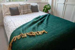 Herringbone Pure New Wool Throw - Emerald/Mustard - LOOMSHIRE - 5