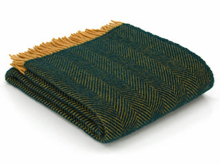 Herringbone Pure New Wool Throw - Emerald/Mustard - LOOMSHIRE - 1
