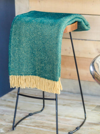 Herringbone Pure New Wool Throw - Emerald/Mustard - LOOMSHIRE - 3