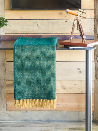 Herringbone Pure New Wool Throw - Emerald/Mustard - LOOMSHIRE - 4