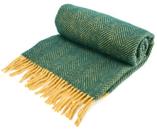 Herringbone Pure New Wool Throw - Emerald/Mustard - LOOMSHIRE - 7