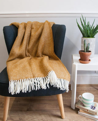 Herringbone Pure New Wool Throw - Mustard - LOOMSHIRE - 6