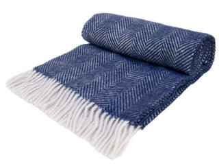 Herringbone Pure New Wool Throw - Navy - LOOMSHIRE - 4