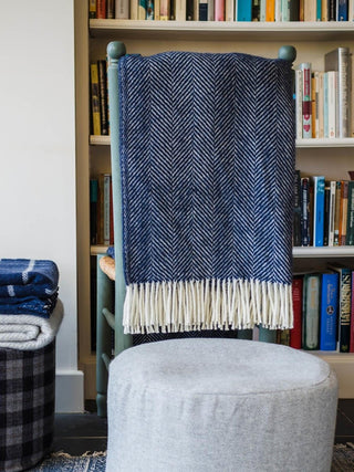 Herringbone Pure New Wool Throw - Navy - LOOMSHIRE - 2