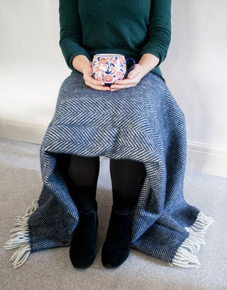 Herringbone Pure New Wool Throw - Navy - LOOMSHIRE - 3