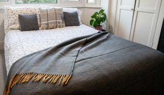 Herringbone Pure New Wool Throw - Navy/Mustard - LOOMSHIRE - 3