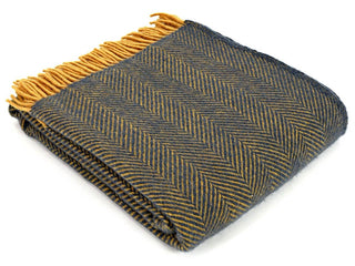 Herringbone Pure New Wool Throw - Navy/Mustard - LOOMSHIRE - 1