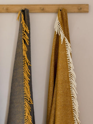 Herringbone Pure New Wool Throw - Navy/Mustard - LOOMSHIRE - 5
