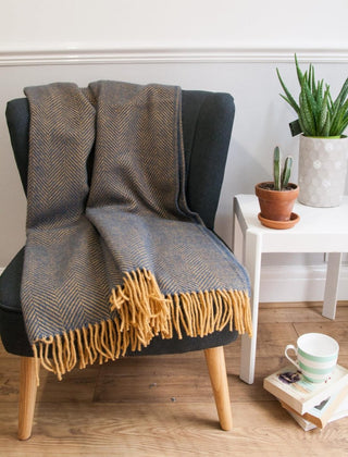 Herringbone Pure New Wool Throw - Navy/Mustard - LOOMSHIRE - 2
