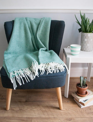 Herringbone Pure New Wool Throw - Sea Green - LOOMSHIRE - 5